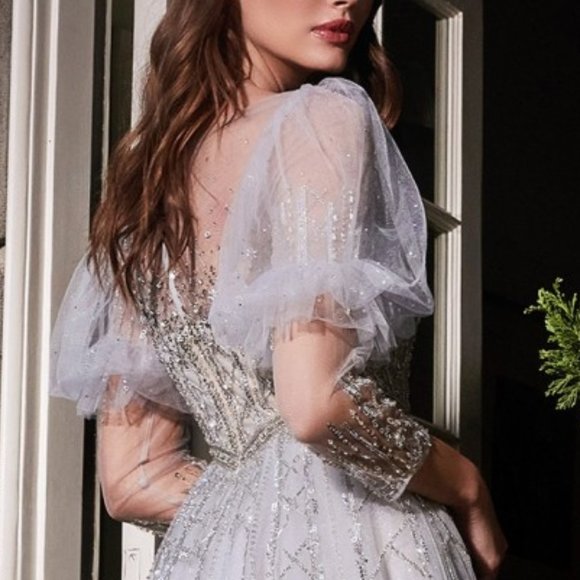 SILVER BEADED PROM PARTY WEDDING EVENING FORMAL A-LINE PUFF SLEEVE GOWN CD707 - Picture 3 of 7